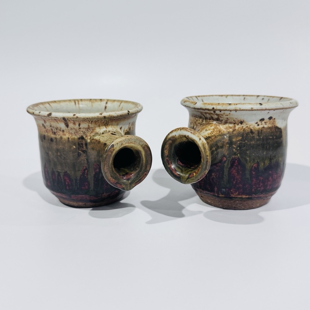 Pair Of Vintage Stoneware Mugs Cups Studio Pottery Signed Cooke Speckled Glazed